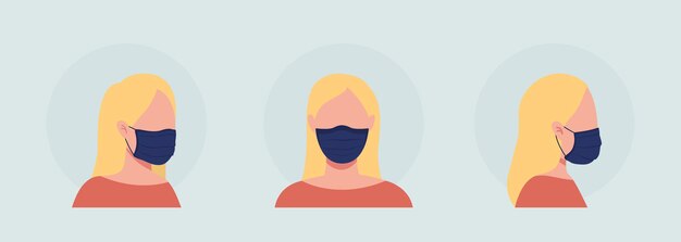 Blond kvinne semi flat farge vektor karakter avatar med maske sett. Portrett med respirator fra front- og sidevisning. Isolert moderne tegneseriestil illustrasjon for grafisk design og animasjonspakke