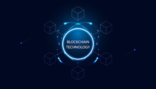 Blue circles and neon lights Connected squares blockchain technology cryptocurrency and fintech