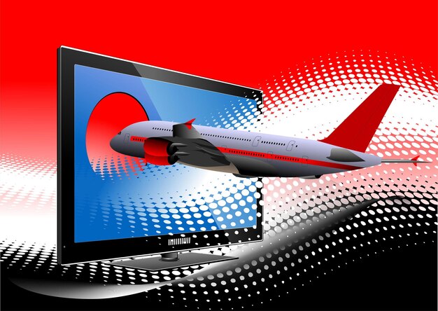 blue dotted background with flat computer monitor with passenger airplane image display vector illustration