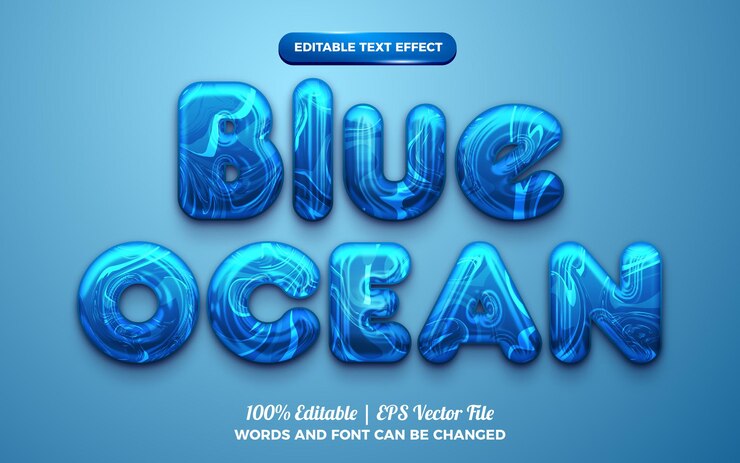 Vektor blue ocean chrome marble bold 3d editable text effect
