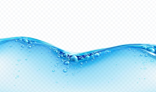 Blue transparent water wave splash with bubbles isolated on white background. Real transparent water effect. Vector illustration EPS10