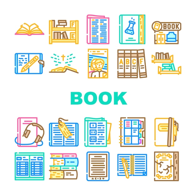 Book And Magazine Press For Read Icons Set Vector Bookmark Accessory For Reading Encyclopedia And Holy Bible Diary And Notebook Educational And Electronic Audio Book Color Illustrations