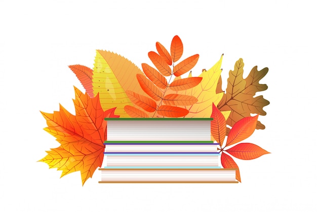 books and autumn leaves flat illustration