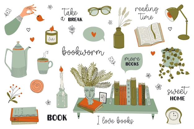 books and reading set stack of books book shelf candles houseplants glasses retro style