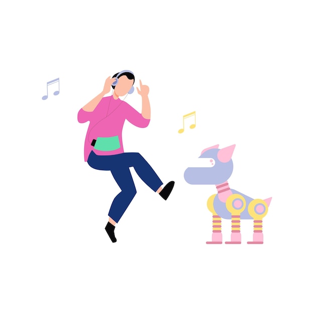 Boy enjoying music with cyborg