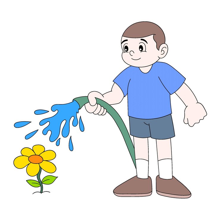 Vektor boy is diligently watering sunflower plants