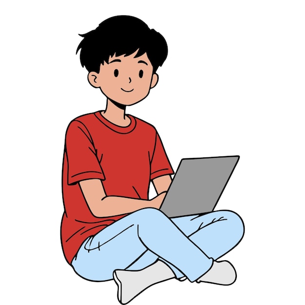 boy sitting cross-legged with a laptop