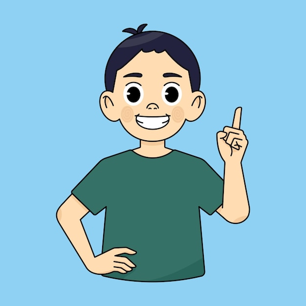 Boy smiling and pointing with finger up