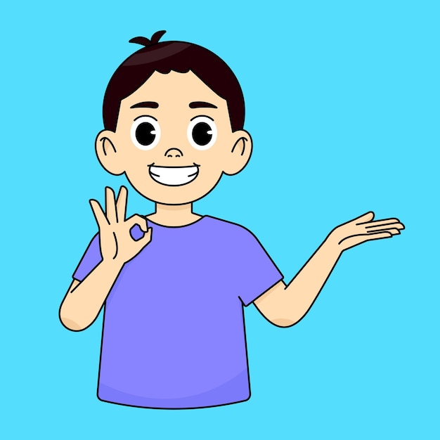 Boy smiling holding palm of empty space and showing OK gesture