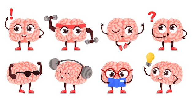 Brain mascot Smart and strong character do sport exercises read education book and answers questions cartoon vector Illustration set