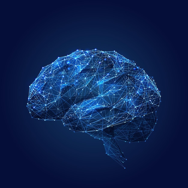 brain with polygon line and connected dots like 3d wireframe illustration digital abstract vector