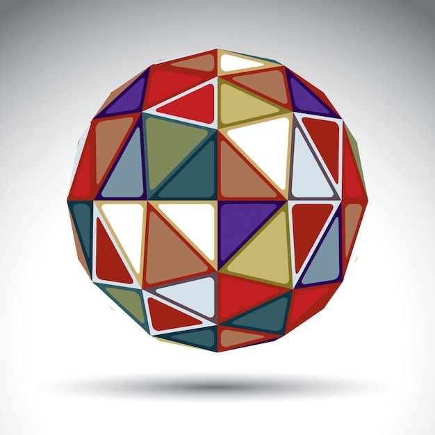 Bright abstract spherical object with kaleidoscope effect, 3d globe isolated on white background. Stylish orb constructed from colorful rectangular triangles.