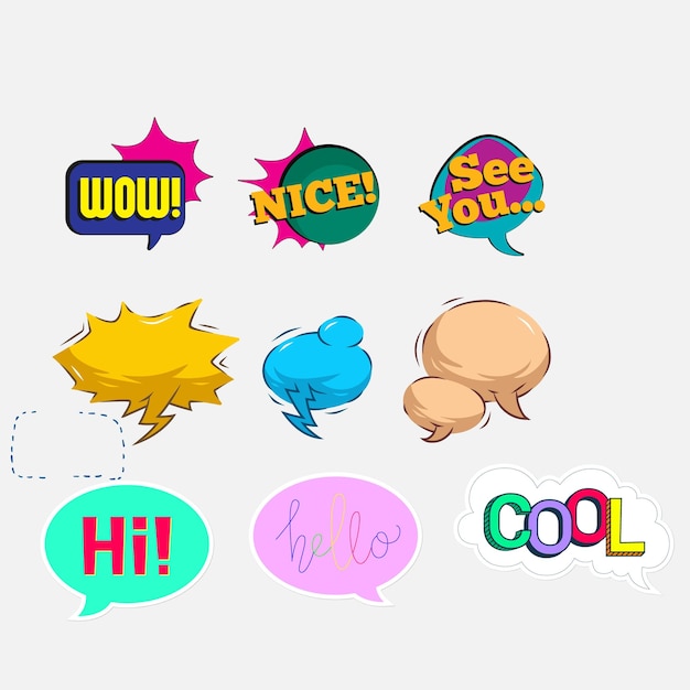 Bright colored speech bubbles with expressions Abstract doodle speech bubbles with different phrase