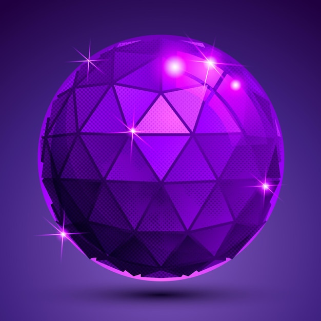 bright textured plastic spherical object with flashes, pixilated synthetic globe created from triangles.