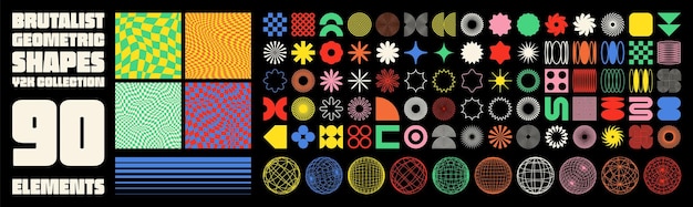 Brutalist geometric shapes modern symbols groovy checkered pattern distorted tiled grid simple