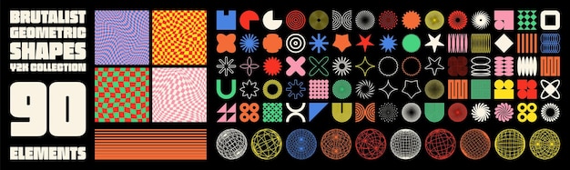 Brutalist geometric shapes modern symbols groovy checkered pattern distorted tiled grid simple