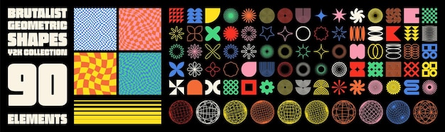 Brutalist geometric shapes modern symbols groovy checkered pattern distorted tiled grid simple