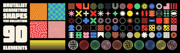Brutalist geometric shapes modern symbols groovy checkered pattern distorted tiled grid simple