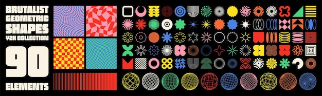 Brutalist geometric shapes modern symbols groovy checkered pattern distorted tiled grid simple