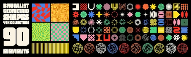 Brutalist geometric shapes modern symbols groovy checkered pattern distorted tiled grid simple