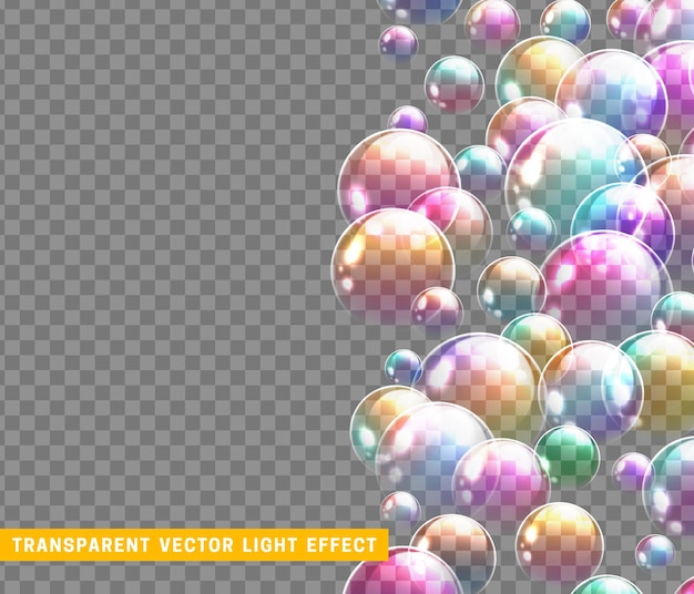 bubbles soap realistic set isolated with transparent background vector illustration. soap bubble rainbow reflection.