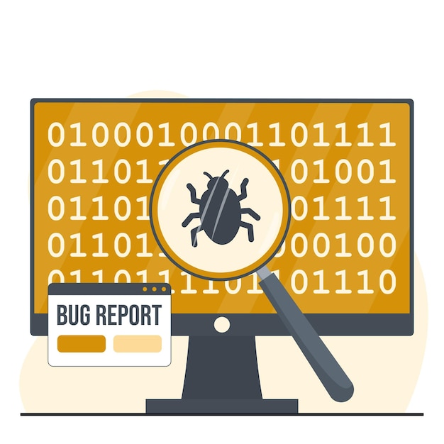 Bug report magnifier bug Bug Tracking Tool Software tester concept illustration