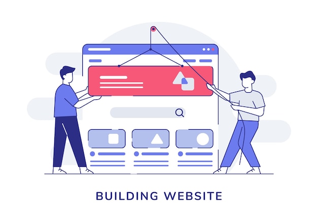building website character collaboration programmer developer pulley ui wireframe with outline style