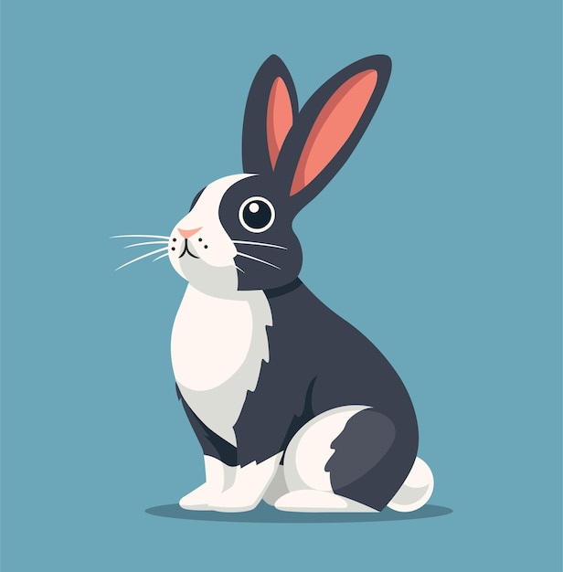 Bunny flat vector illustration Sitting grey rabbit with white spots and blue background