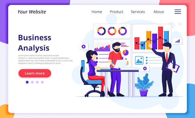 business analysis concept, people sitting on desk work with charts and graphic data visualization. website landing page template