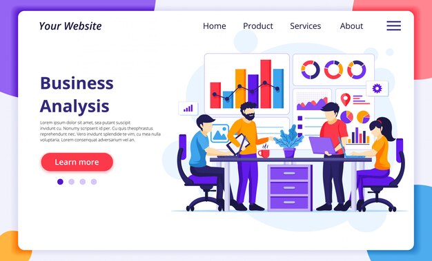 business analysis concept, people sitting on desk work with charts and graphic data visualization. website landing page template