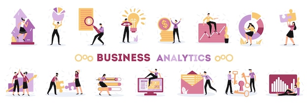 Business analytics chart composition with flat human character and data optimization marketing icons vector illustration