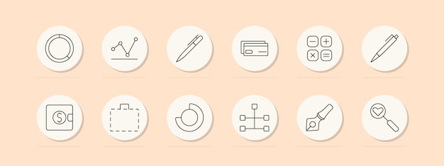 Business and finance set icon Pie chart graph pen calculator wallet briefcase chart flowchart ink pen magnifying glass Vector line icon on peach background