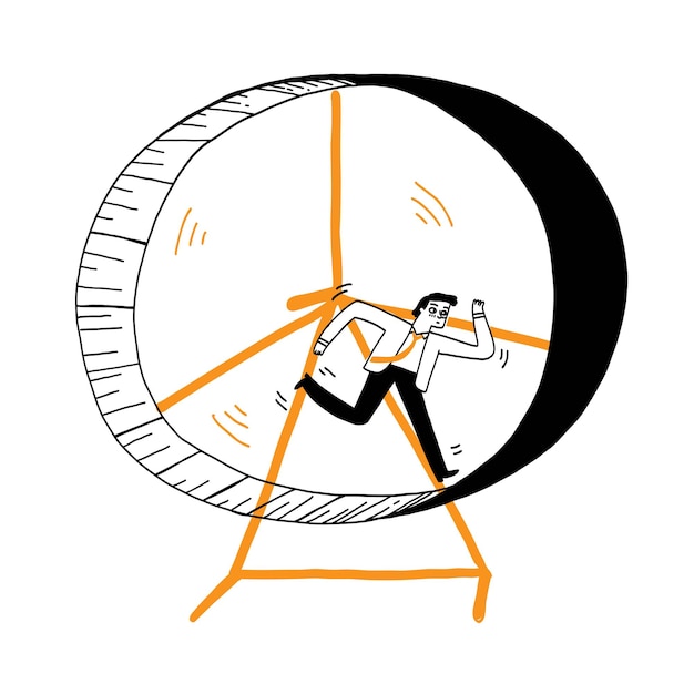Business concept, success, competition, businessman running on wheel. Vector Illustration Hand drawn doodle style