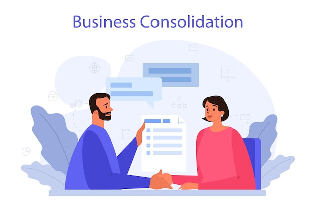 business consolidation concept office characters working together in collaboration idea companies partneship and cooperation isolated flat vector illustration