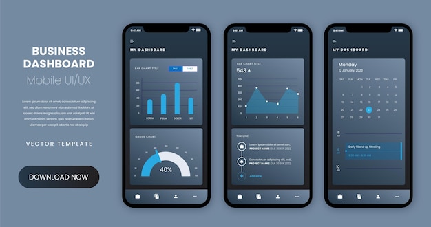 business dashboard app screens design vector template. mobile application ux ui wireframes.