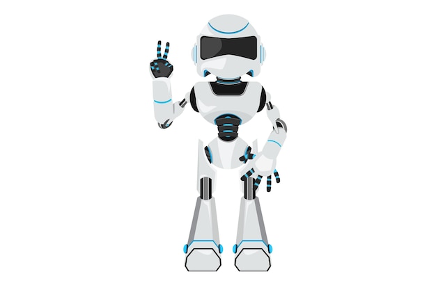 business design drawing robot showing victory sign symbol of success and peace future technology development artificial intelligence and machine learning flat cartoon style vector illustration