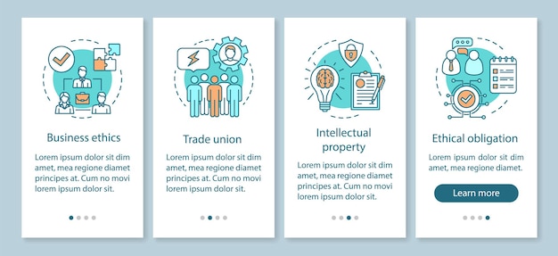 Business ethics onboarding mobile app page screen vector template. Trade union, intellectual property. Walkthrough website steps with linear illustrations. UX, UI, GUI smartphone interface concept