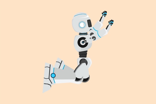 Business flat drawing depressed robot on his knees and ask for somebody help Cyborg manager praying Humanoid robot cybernetic organism Future robotic development Cartoon design vector illustration
