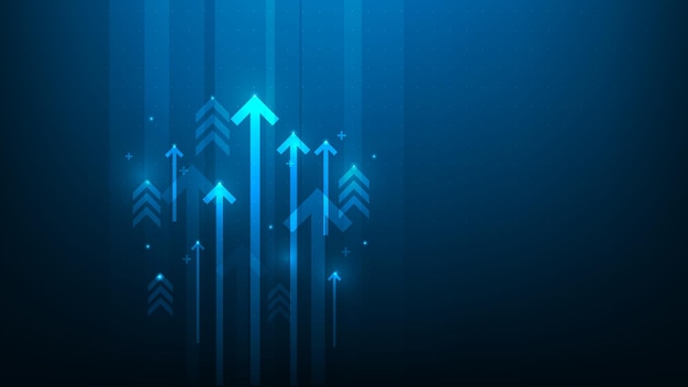 Business growth arrow up digital on blue dark background. hitech investment graph.