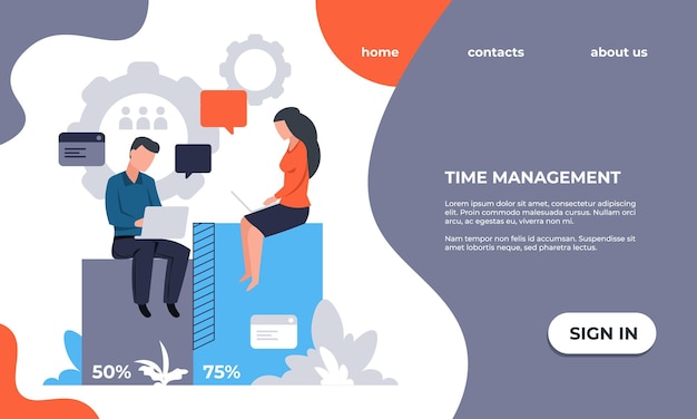 business landing page website ui template time management and workflow optimization web service for effective organization work processes vector interface with text and buttons