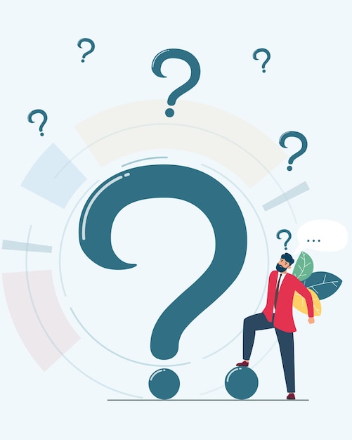 business man thinking and look at big question mark business problem solution or answer solving problem or analyze issue and discover opportunity in trouble and difficulty concept vector