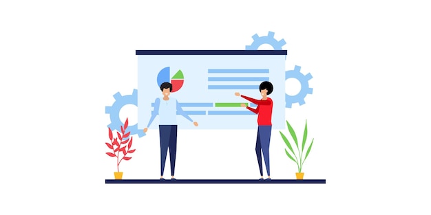 Business people team analytics and monitoring on web report dashboard monitor concept and vector illustration business working concept