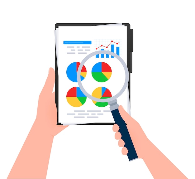 Business report document Statistics analytics Hand holding a magnifying glass Charts graphs