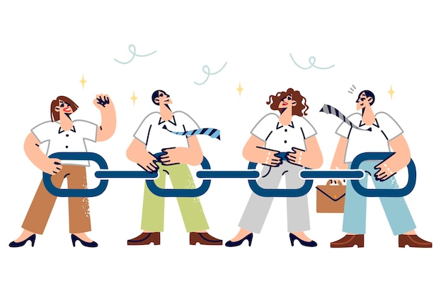 Business team men and women holds chain together enjoying readiness to quickly solve problems