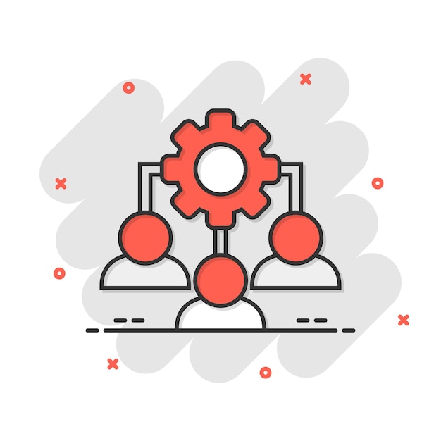 business training icon in comic style gear with people cartoon vector illustration on white isolated background employee management splash effect concept