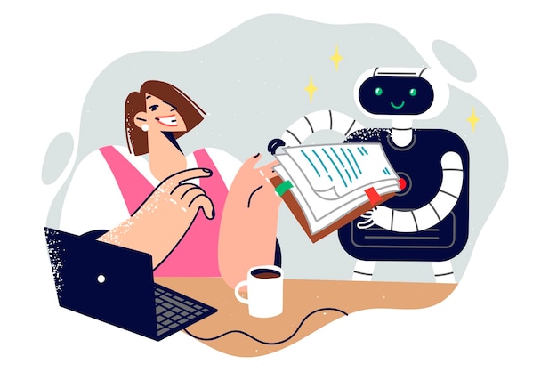 Business woman works with assistant robot that submits documents and performs routine paperwork