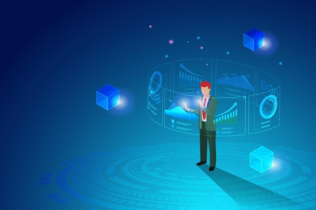 Businessman analyzing graph chart and block chain network connecting Global business development