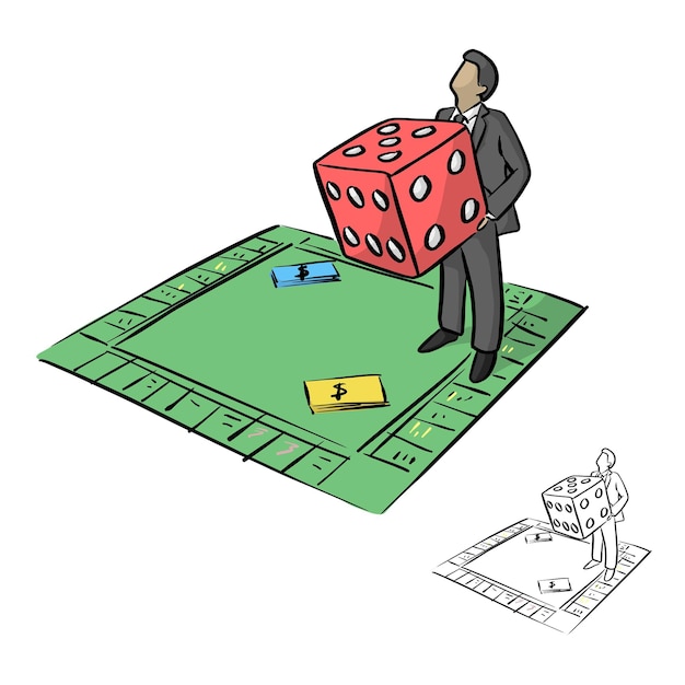 businessman holding big red dice in Monopoly board game vector illustration sketch doodle