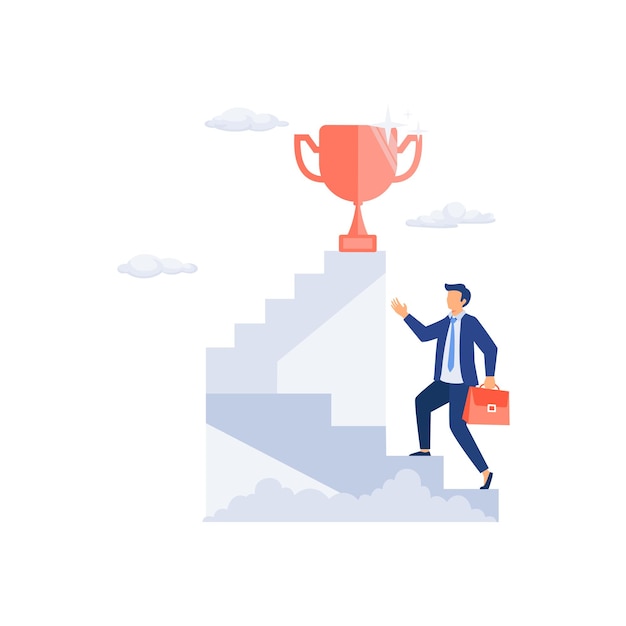 Businessman holding trophy cup standing on the stair flat vector modern illustration
