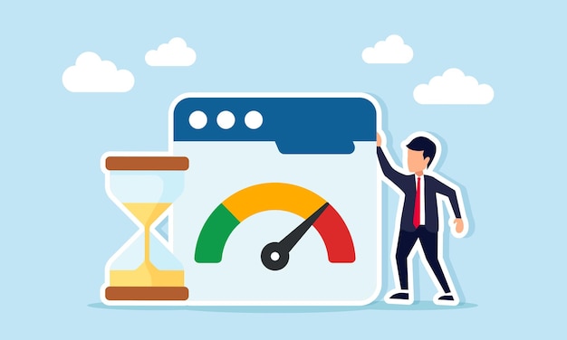 businessman standing beside hourglass and app interface showing level indicator illustration of schedule or timeline related to business monitoring